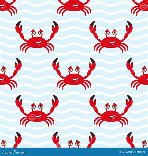 Marine Seamless Pattern With Cute Cartoon Crab Stock Vector