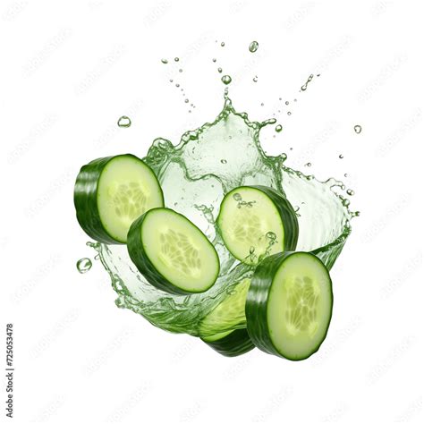 Realistic Fresh Ripe Cucumber With Slices Falling Inside Swirl Fluid