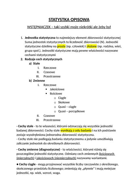 Statystka Opisowa Najwazniejsze Notatki Na Cwiczenia Egzamin Z