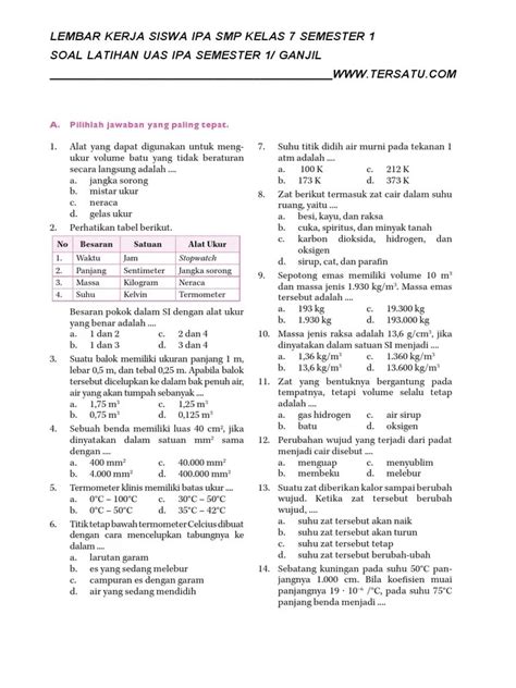 Soal Uas Ipa Kelas 7 Semester 2 Dan Kunci Jawaban Satu Trik