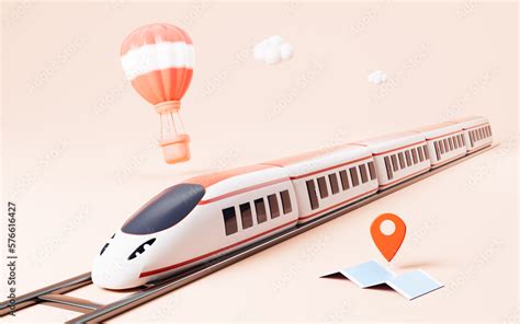 Hot Balloon And Cartoon High Speed Train In The Pink Background 3d Rendering Stock