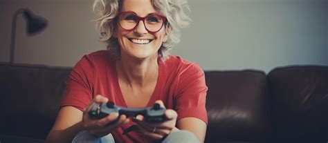Premium AI Image Blonde Woman Plays Video Game At Home Happily Smiling And Celebrating The Win