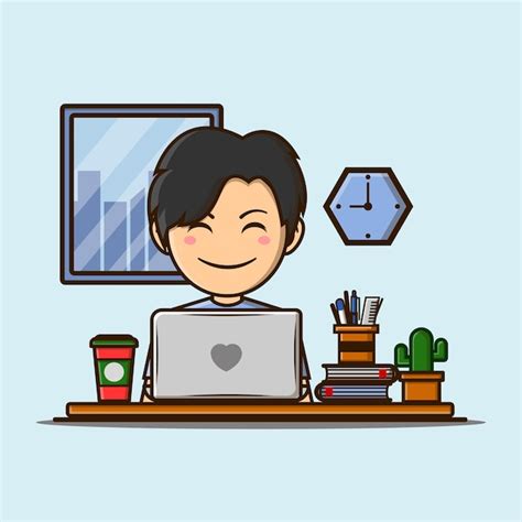 premium vector korean man working  desk  laptop  coffee cartoon illustration