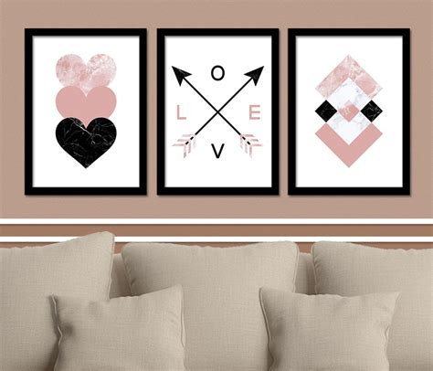 3 Quadros Geométricos Love Corações Rosa Elo7