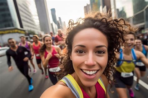 premium photo marathon runner takes  selfie  running