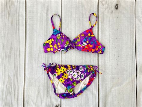 Vintage Bikini Set Swimsuit Purple Floral Bikini Top Gem