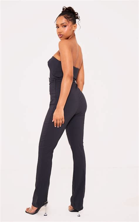 Charcoal Stretch Fold Over Bandeau Belted Jumpsuit Jumpsuits