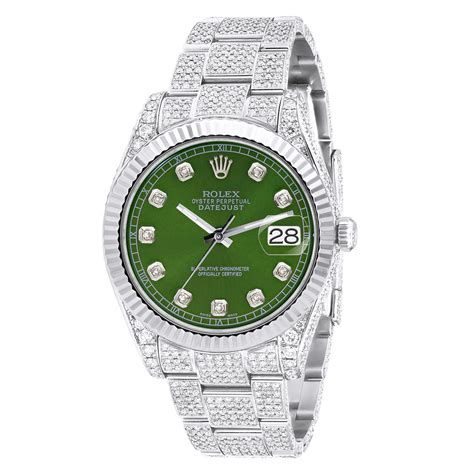 diamond iced   rolex datejust mm green dial oyster bracelet