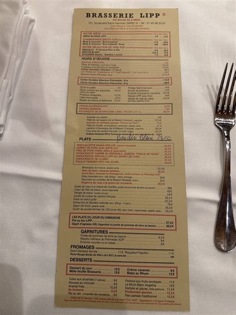 Menu at Brasserie Lipp restaurant, Paris, 151 Bd Saint-Germain