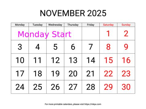 Free Printable Large Weekend Highlighted November Calendar Monday