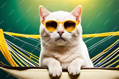 Premium Ai Image Cute White British Cat Wearing Sunglasses On Yellow