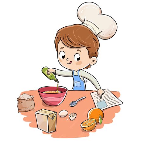 Enfant Dans La Cuisine Faisant Une Recette Avec Une Toque Vecteur Premium