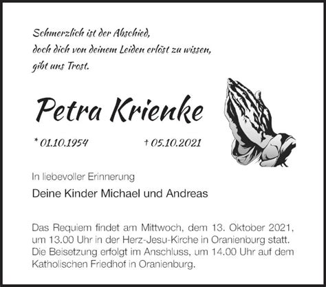 Traueranzeigen von Petra Krienke Märkische Onlinezeitung Trauerportal