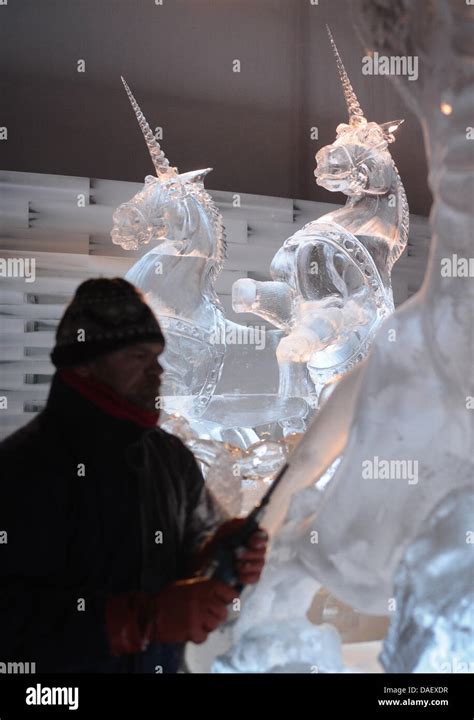 An Ice Artist Work Ice Sculpture For The Exhibition Hamburg Ice Magic