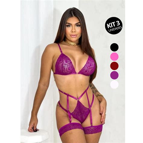 Kit Conjunto Lingerie Renda Calcinha E Suti Sem Bojo Cinta Liga