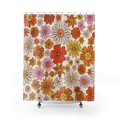 Retro Flowers Shower Curtain 70s 60s Retro Bathroom Decor Etsy