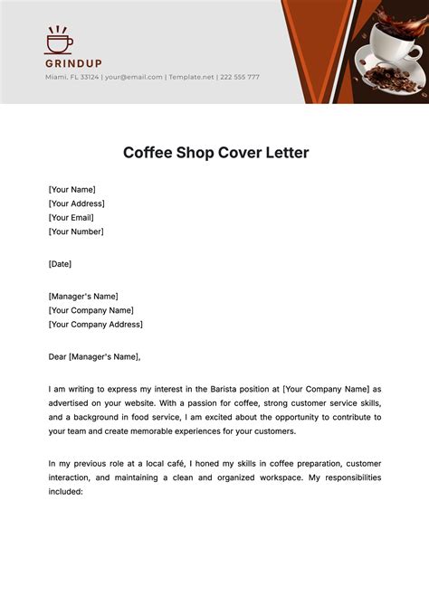 Free Coffee Shop Cover Letter Template to Edit Online