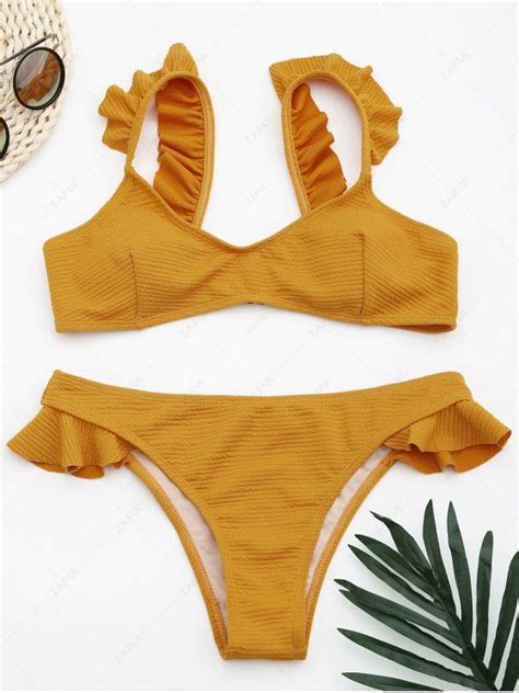 35 OFF 2021 Ribbed Texture Ruffles Bikini Set In GINGER ZAFUL