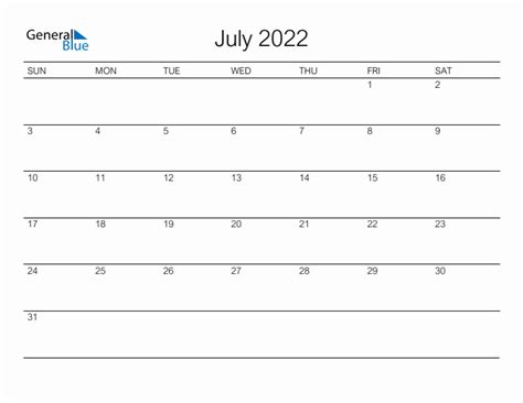 Printable July 2022 Monthly Calendar Sunday Start