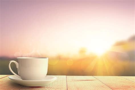 Premium Photo Hot Coffee On Wooden Table At Sunrise