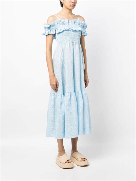 GANNI Ruffled Detail Midi Dress Blue FARFETCH UK