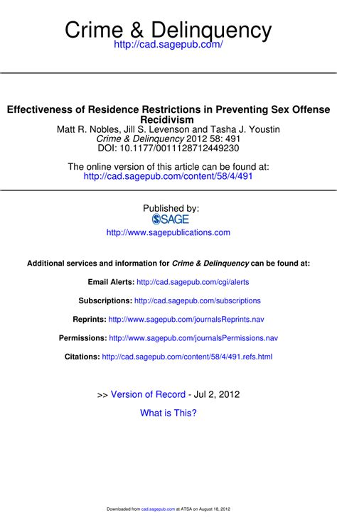 Pdf Effectiveness Of Residence Restrictions In Preventing Sex Offense Recidivism