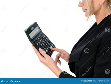 Contadora De Un Traje Negro Hace Clic En Una Calculadora Para Calcular