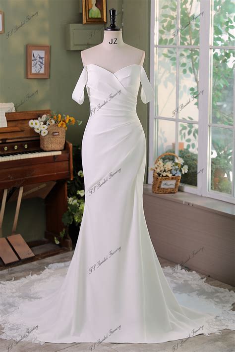 Off Shoulder Pleat Crepe Mermaid Bridal Dress With Beading Lace Train