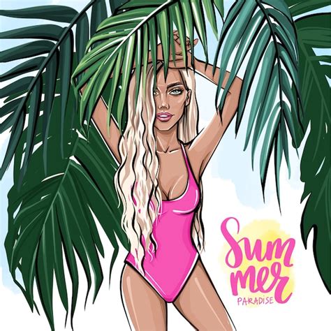 Femme Blonde Sur La Plage Sous Les Feuilles De Palmier Vecteur Premium