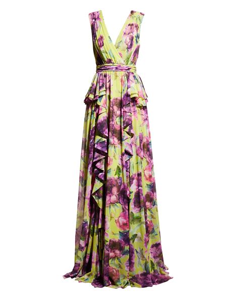 Badgley Mischka Collection Ruffled Floral Print Gown Neiman Marcus