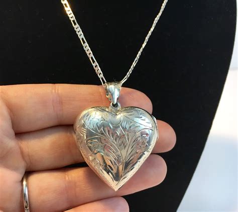 Sale Sterling Silver Etched Very Large Puff Heart Locket Etsy Heart