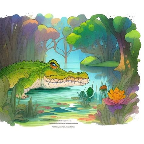 Natural Ram Crocodile In Cartoon With In Swamp Digital Painting