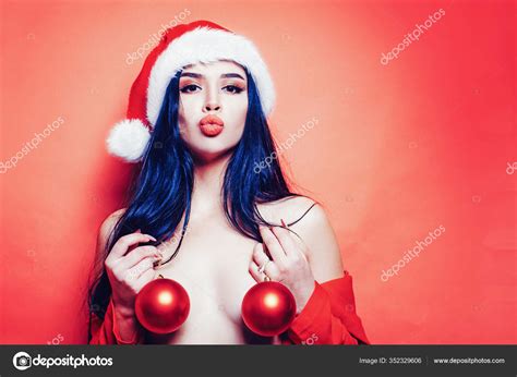 Red Christmas Balls With Boobs Sexy Boobs And New Year Party Sensual Pretty Girl With Hot Tits