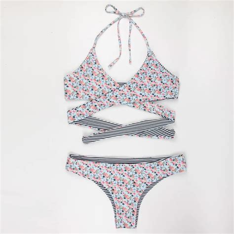 2018 Sexy Cross Halter Bikini Striped Floral Women Swimwear Push Up Padded Swimsuit Low Waist