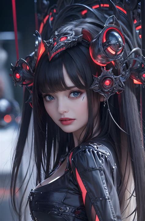 A close up of a woman with a black and red costume - SeaArt AI