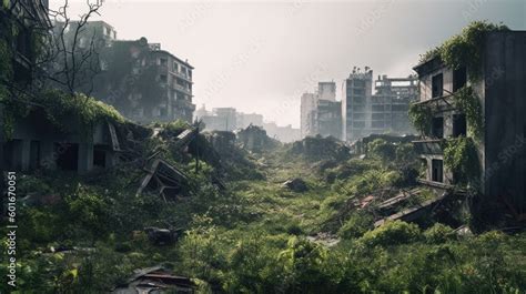 Post apocalyptic city in ruins after zombie pathogen wiped out last of ...