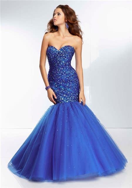 Fitted Mermaid Sweetheart Long Royal Blue Tulle Beaded Prom Dress