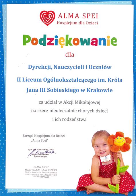 Podziękowanie za podarunki Mikołajowe II Liceum Ogólnokształcące