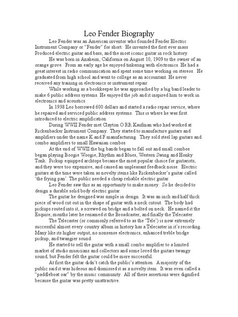 Leo Fender Biography Pdf Music Production String Instruments