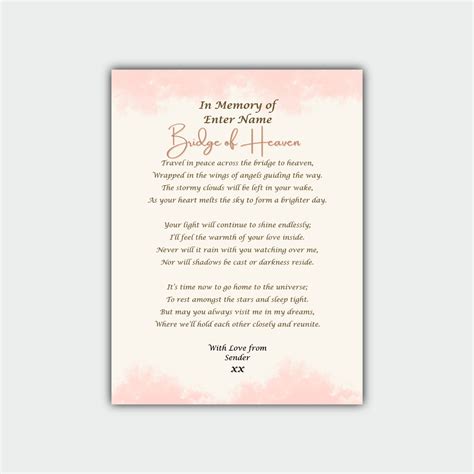 Bridge Of Heaven Poetry Print Bereavement Poem Customisable