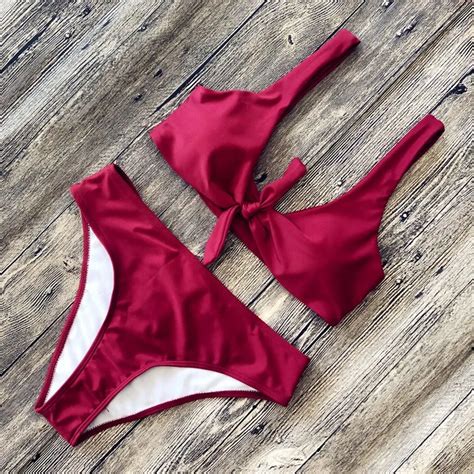 Bow Solid Color Bikini Sexy Deep V Neckline High Waist Briefs 2019 Women Biquini Bikini Push Up