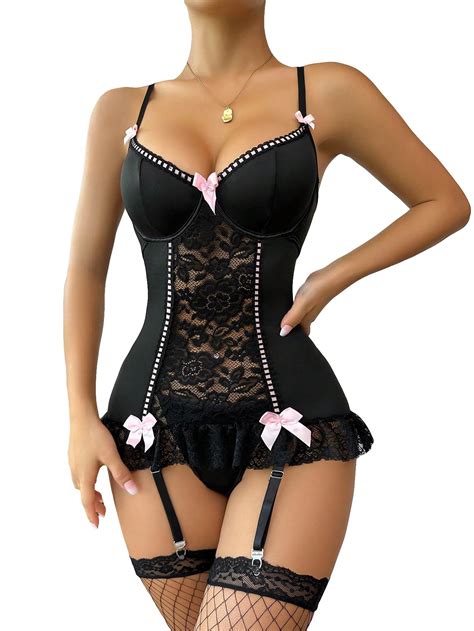 WDIRARA Women S Floral Lace Push Up Garter Lingerie Set With Stockings Small Black Bow For Sale