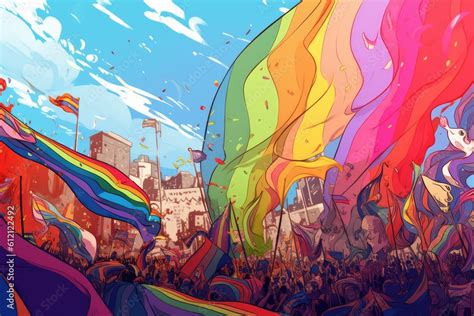 Rainbow Flags Of Lgbt Community Blowing In Wind At Street Of Gay Parade Stock Illustration