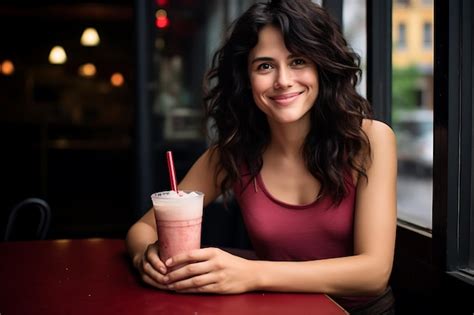 Close Up Portrait Of Happy Pretty Brunette Woman Drinking Tasty Cold Cocktail Premium AI