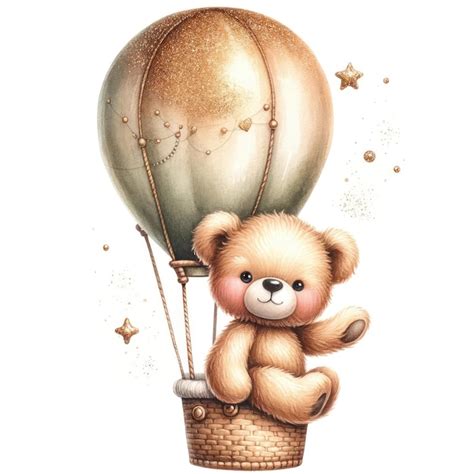 AI Generated Illustration Of Cute Teddy Bear In A Hot Air Balloon Surrounded By Golden Stars