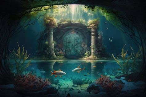Swimming Pool With Underwater Grotto Where Tropical Fish Swim Among