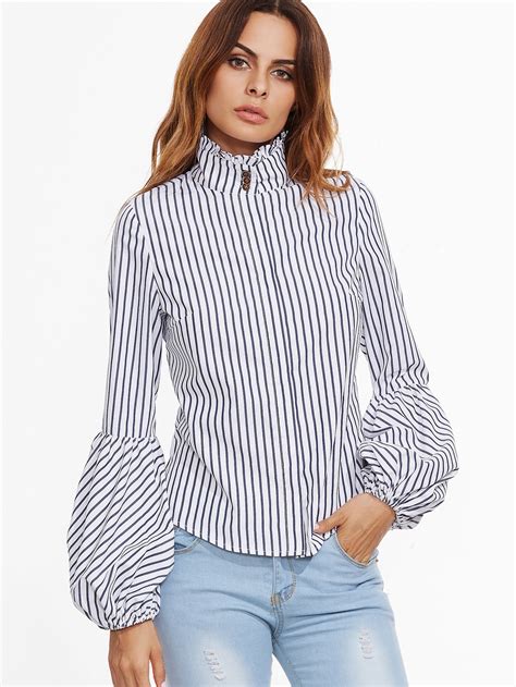 Vertical Striped Ruffle Collar Lantern Sleeve Blouse Shein Sheinside