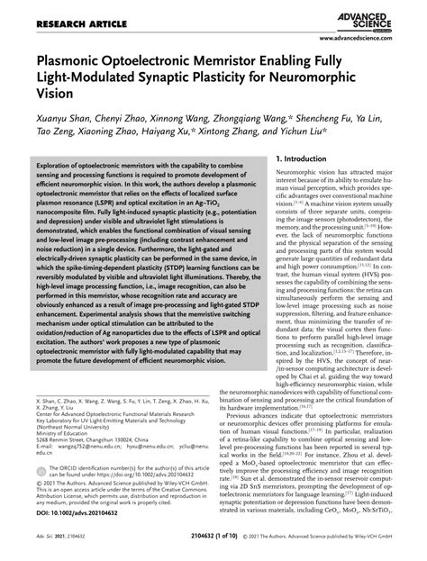 Pdf Plasmonic Optoelectronic Memristor Enabling Fully Light‐modulated