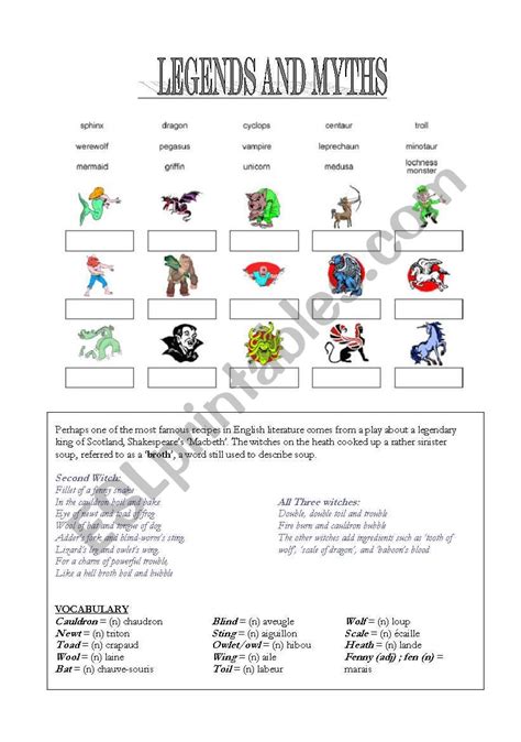 English Worksheets Legends And Myths