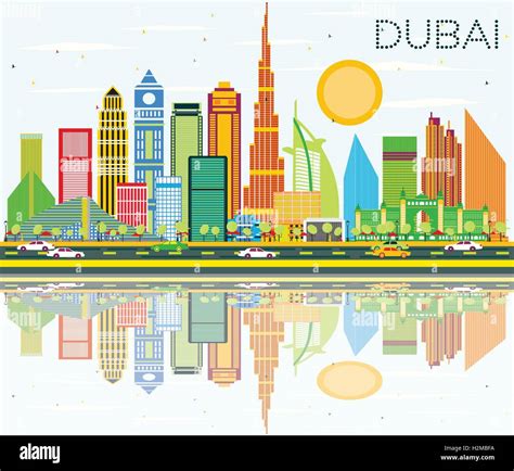 Dubai Skyline With Color Buildings Blue Sky And Reflection Vector